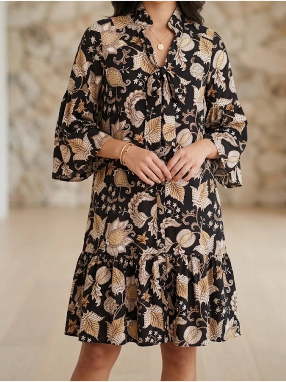 Black Floral Tie-Neck Mini Dress with Bell Sleeves